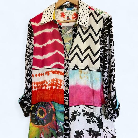 John Mark Multi-Colored Mix Print Roll Tab Sleeve Button Down Shirt Women's S - Picture 2 of 5